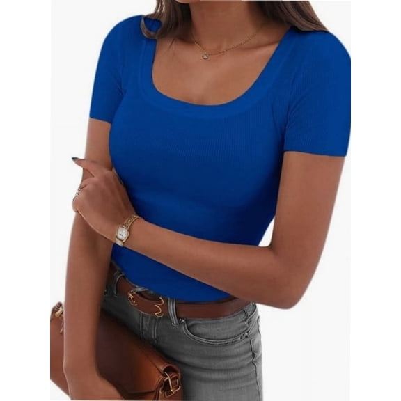 Womens Scoop Neck Short Sleeve Casual Tshirts Tops Summer Going Out Work Cute Fitted Shirts Trendy