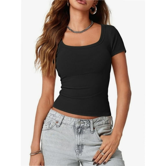 Womens Scoop Neck Short Sleeve Casual Tshirts Tops Summer Going Out Work Cute Fitted Shirts Trendy