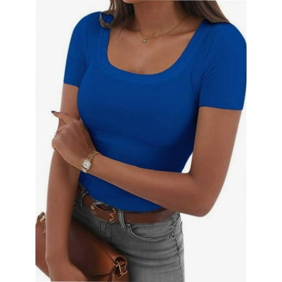 Womens Scoop Neck Short Sleeve Casual Tshirts Tops Summer Going Out Work Cute Fitted Shirts Trendy