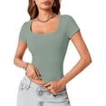 thumbnail image 1 of Womens Scoop Neck Short Sleeve Tops Slim Fit Ribbed Casual Basic T Shirts Tops, 1 of 6