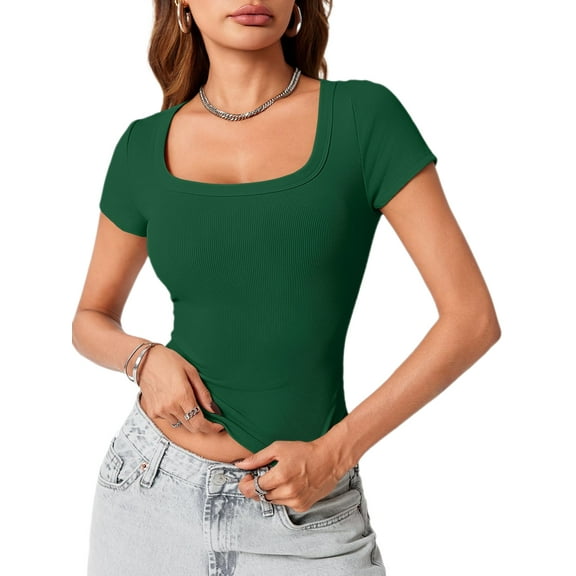 Womens Scoop Neck Short Sleeve Tops Slim Fit Ribbed Casual Basic T Shirts Tops
