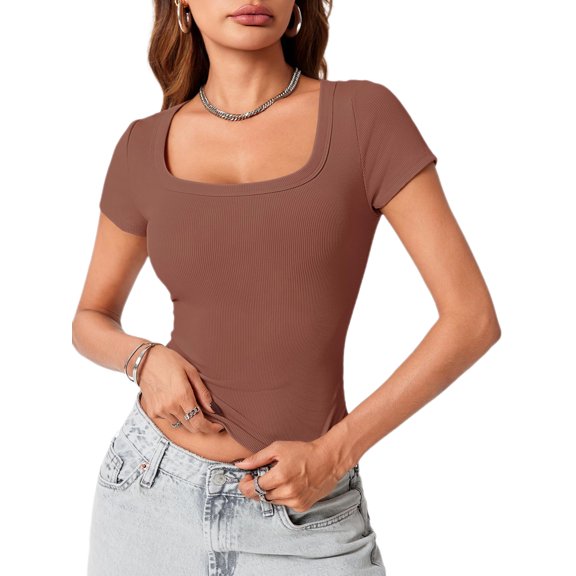 Womens Scoop Neck Short Sleeve Tops Slim Fit Ribbed Casual Basic T Shirts Tops