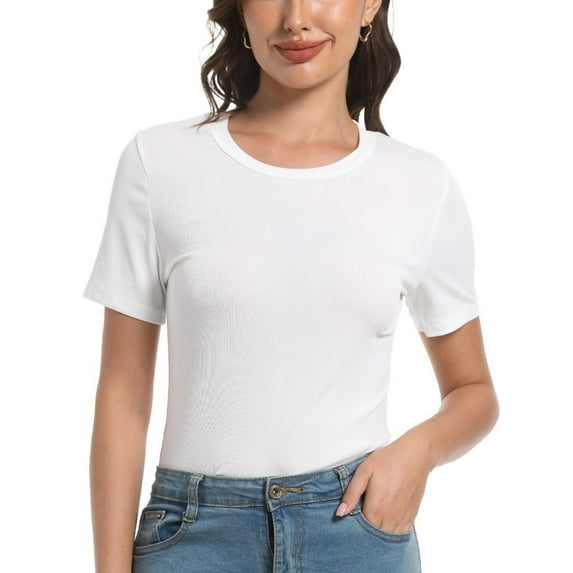 Womens Scoop Neck T Shirts Basic Ribbed Tees Fitted Tshirt Plain Short Sleeve Tops Casual