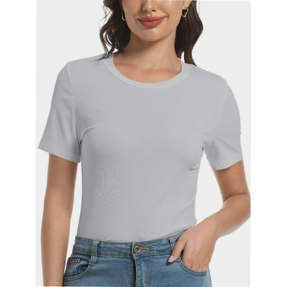 Womens Scoop Neck T Shirts Basic Ribbed Tees Fitted Tshirt Plain Short Sleeve Tops Casual
