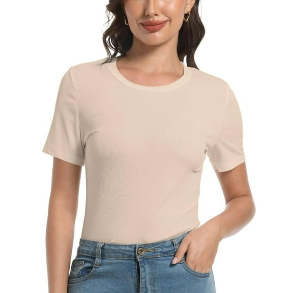 Womens Scoop Neck T Shirts Basic Ribbed Tees Fitted Tshirt Plain Short Sleeve Tops Casual
