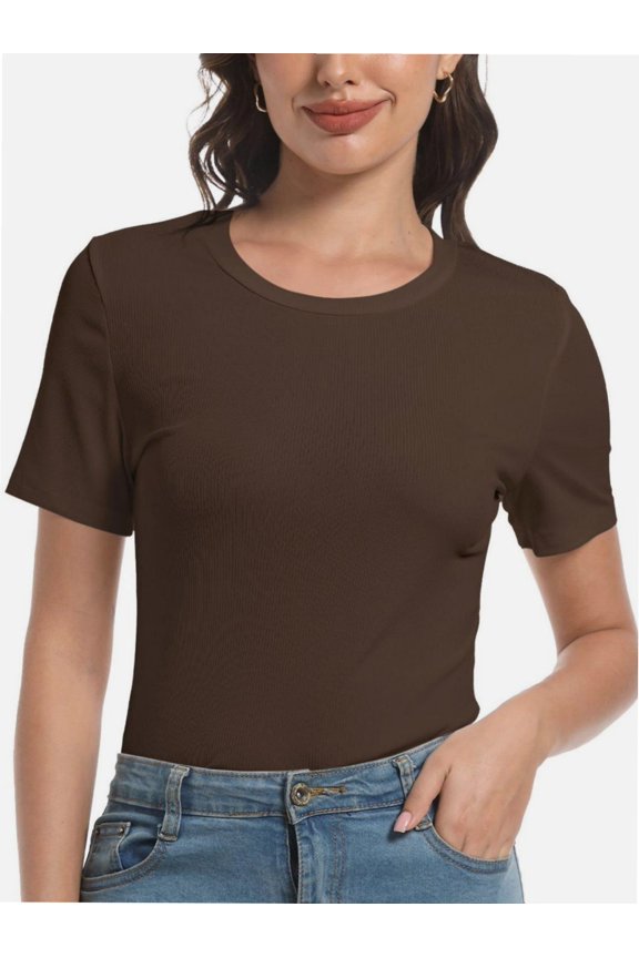 Womens Scoop Neck T Shirts Basic Ribbed Tees Fitted Tshirt Plain Short Sleeve Tops Casual