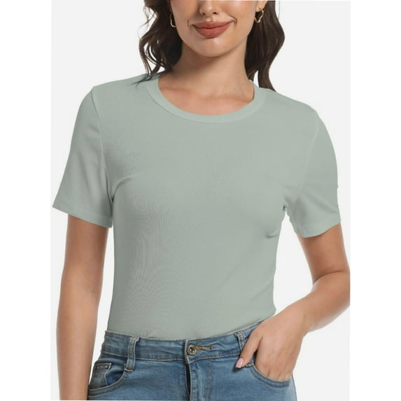 Womens Scoop Neck T Shirts Basic Ribbed Tees Fitted Tshirt Plain Short Sleeve Tops Casual