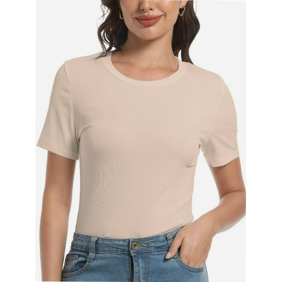 Womens Scoop Neck T Shirts Basic Ribbed Tees Fitted Tshirt Plain Short Sleeve Tops Casual