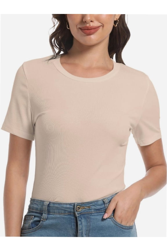 Womens Scoop Neck T Shirts Basic Ribbed Tees Fitted Tshirt Plain Short Sleeve Tops Casual