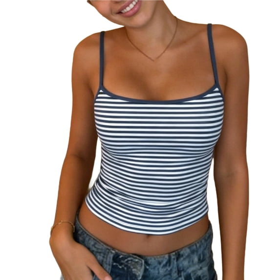 Womens Scoop Neck Tank Tops Striped Spaghetti Strap Cami Tanks Summer Sleeveless Cropped Tops( Blue, S )