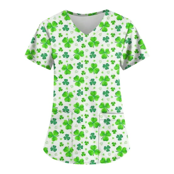 Womens Scrub Bottoms St Patrick's Day Holiday Ydkzymd Nursing Character Luck Workwear Graphic Clover Uniform Scrub Tops Short Sleeve Green V Neck Shirts Mint Green 5XL