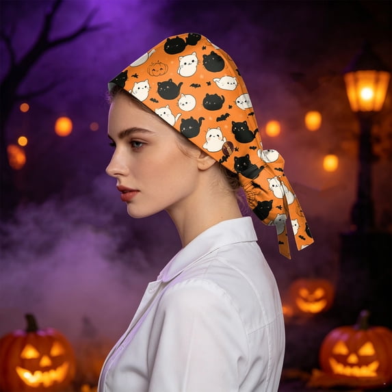 Womens Scrub Cap Halloween Print Work Cap Adjustable Working Hat Dust Cap Head Wrap Nurse Cap for Long Hair Unisex Surgical Cap with Tie Back