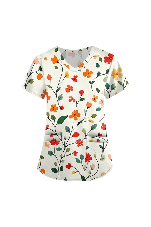 Womens Scrub,Floral Pattern Nursing Tops - Side Slit Short Sleeve Scrub Blouse with Pockets - Red - XXL