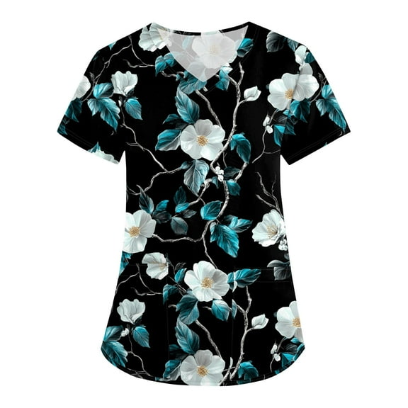 Womens Scrub,Floral Print Medical Tops - Quick-Dry Scrub Blouse with Utility Pockets - Light Blue - XXL