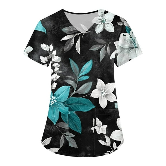 Womens Scrub,Floral Print Medical Tops - Quick-Dry Scrub Blouse with Utility Pockets - Turquoise - XL