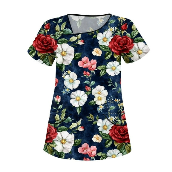 Womens Scrub,Floral Printed Scrub Tops - Cheerful Floral Patterns Short Sleeve Medical Blouse - Black - XXXL