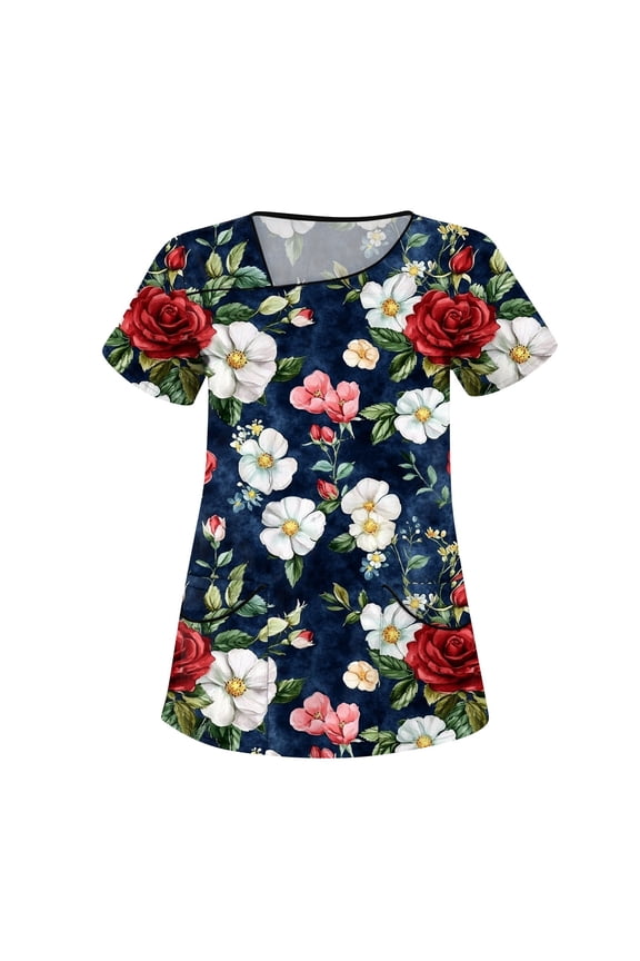 Womens Scrub,Floral Printed Scrub Tops - Cheerful Floral Patterns Short Sleeve Medical Blouse - Black - XXXL