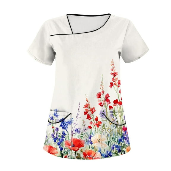Womens Scrub,Floral Printed Scrub Tops - Cheerful Floral Patterns Short Sleeve Medical Blouse - Red - XL