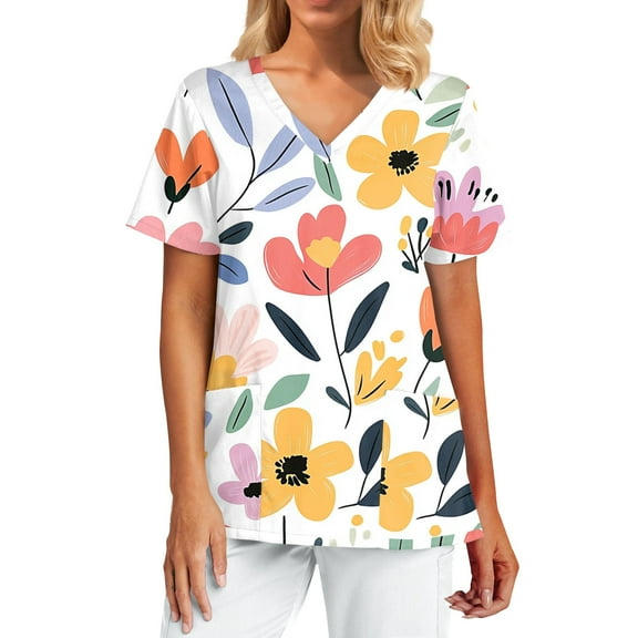 Womens Scrub,Floral Printed Scrub Tops for Women - Stretchy V-Neck Short Sleeve Nurse Work Shirts - Watermelon Red - L