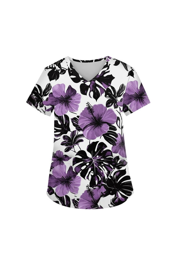 Womens Scrub,Hawaiian Floral Nurse Tops - Lightweight Short Sleeve Scrub with Chest Pocket - Dark Purple - XXL