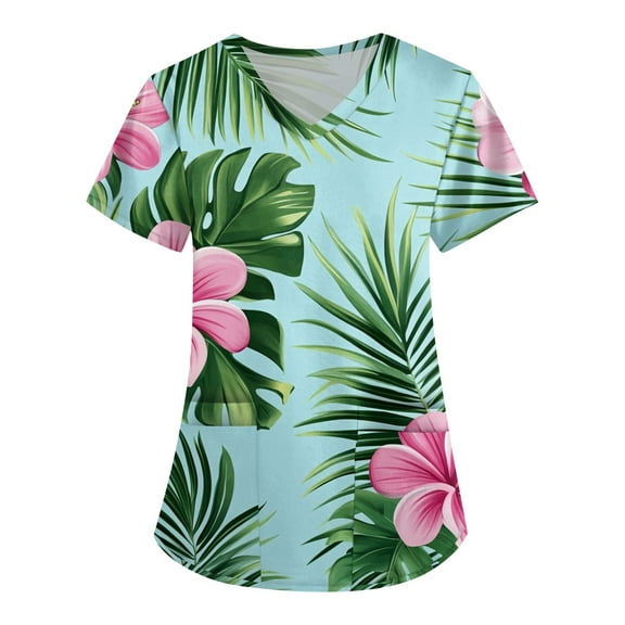 Womens Scrub,Hawaiian Print Scrubs Tops for Women - V-Neck Short Sleeve Nursing Uniform with Pocket - Sky Blue - S