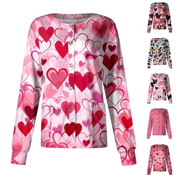 Womens Scrub Jackets Long Sleeve Button Down Nursing Uniform Top Valentine Heart Print Medical Workwear Front Patch Pockets