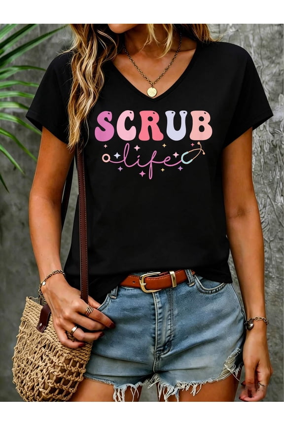Womens Scrub Life Nurse Stethoscope Retro Groovy Nurse Gifts V Neck T-Shirt Cotton Women's V Neck Graphic Tee, Casual Short Sleeve Shirt,Vacation Outfit