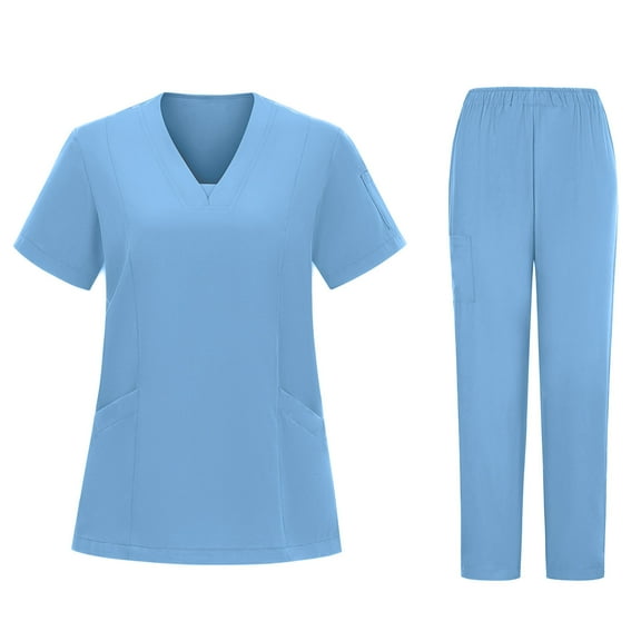 Womens Scrub Pants and Shirt 2 Piece Set Medical Nurse Uniforms Short Sleeve Tops Straight Leg Long Pants Workwear, Light Blue, M
