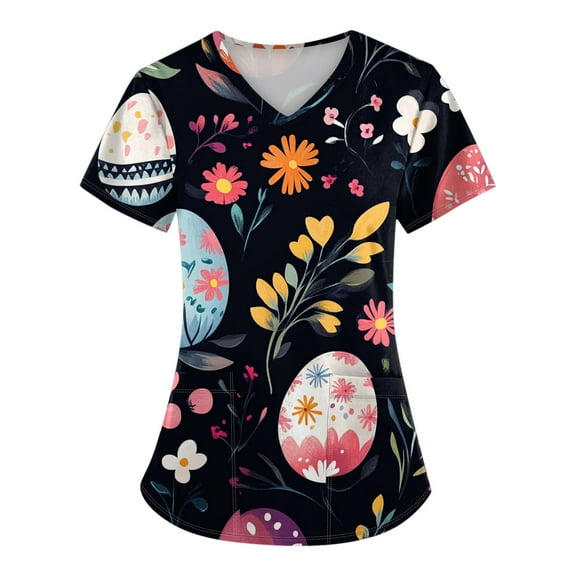 Womens Scrub,Scrub Tops Womens Cute Easter Printed Nurse Uniforms 2026 Short Sleeve Scrub V Neck Shirt with Pockets,Yellow,L