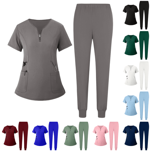 Womens Scrub Set with Pockets Stretch V-Neck Scrub Top and Jogger Pants Breathable Medical Uniforms Grey S