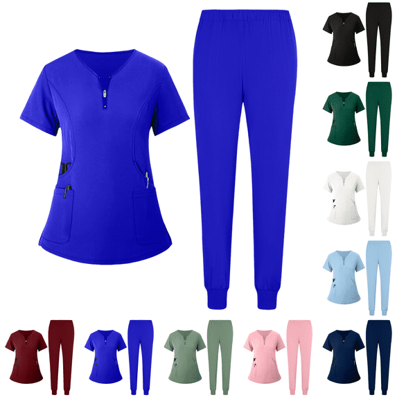 Womens Scrub Set with Pockets Stretch V-Neck Scrub Top and Jogger Pants Breathable Medical Uniforms Royal Blue 2XL