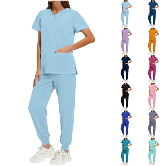 Womens Scrub Sets Jogger Pants with Drawstring & Nursing Uniforms Set with Pockets & Stretch V-Neck Top 2XL