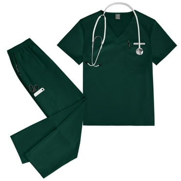 Womens Scrub Sets Lightweight Stretch V Neck Nurse Scrubs Top and Straight Leg Pants Workwear Dark Green S