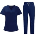 thumbnail image 1 of Womens Scrub Sets Medical Uniform Cool Stretch V-Neck Top And Cargo Pant Jogger Casual Unisex Workwear Suit Set 28" 29 Inseam Navy S, 1 of 7