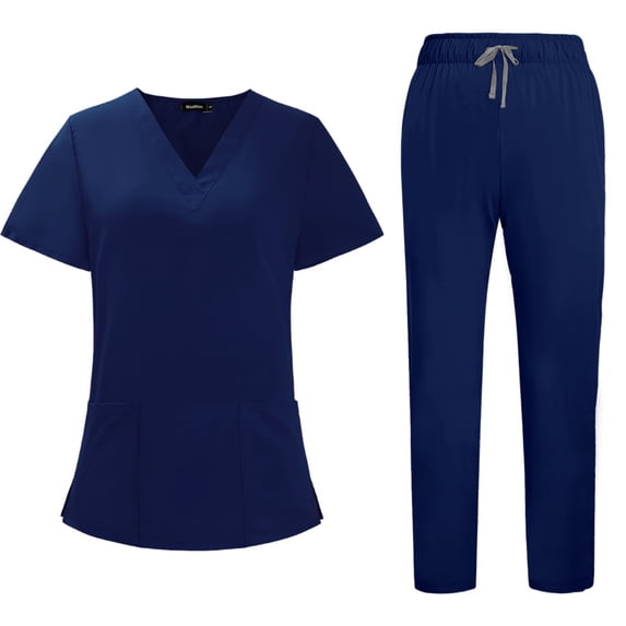 Womens Scrub Sets Medical Uniform Cool Stretch V-Neck Top And Cargo Pant Jogger Casual Unisex Workwear Suit Set 28" 29 Inseam Navy S