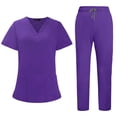 thumbnail image 1 of Womens Scrub Sets Medical Uniform Cool Stretch V-Neck Top And Cargo Pant Jogger Casual Unisex Workwear Suit Set 28" 29 Inseam Purple XL, 1 of 7
