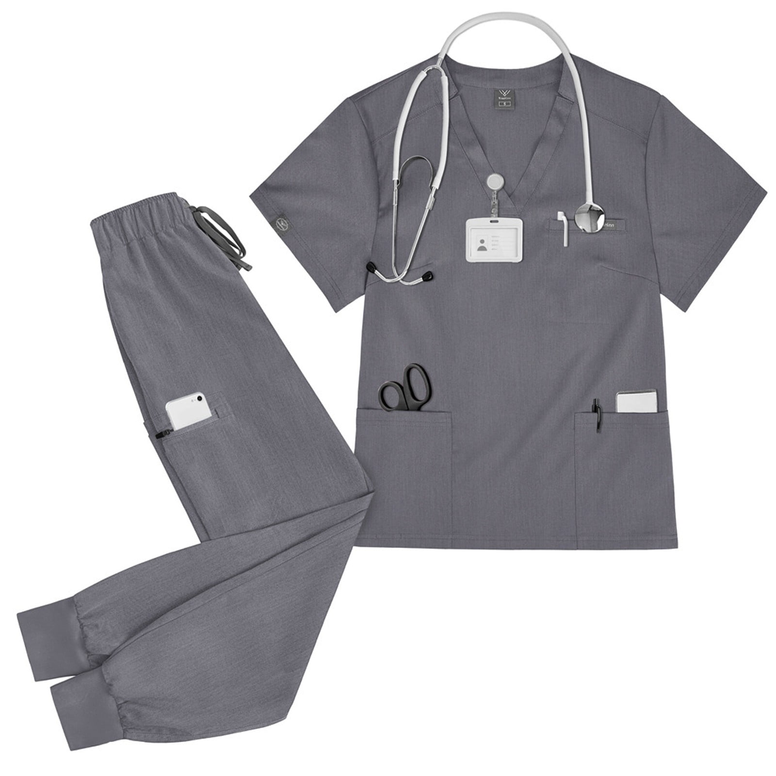 Womens Scrub Sets Nurse Uniforms Summer V-Neck Short Sleeve Scrubs Top ...