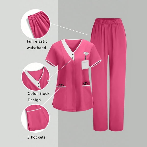 Womens Scrub Sets Plus Size V-Neck Short Sleeve Color Blocking Tops And Long Elastic Waist Pants Two Piece Workwear Suits with Pockets Hot Pink S-3xL
