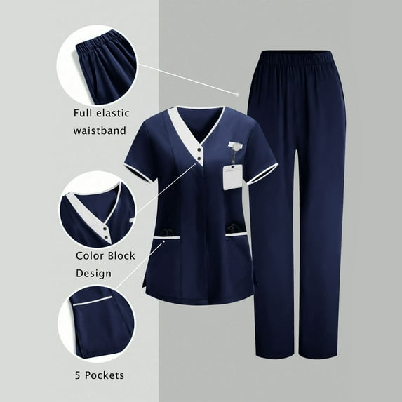Womens Scrub Sets Plus Size V-Neck Short Sleeve Color Blocking Tops And Long Elastic Waist Pants Two Piece Workwear Suits with Pockets Navy S-3xL
