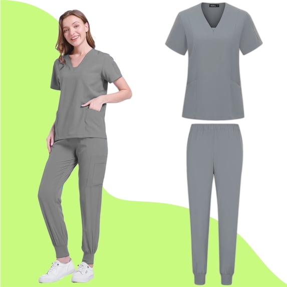 Womens Scrub Sets,Scrubs for Women Set, Stretchy V-Neck Top & Jogger Pants with Multi-Pocket Yoga Waistband - Gray - XXL