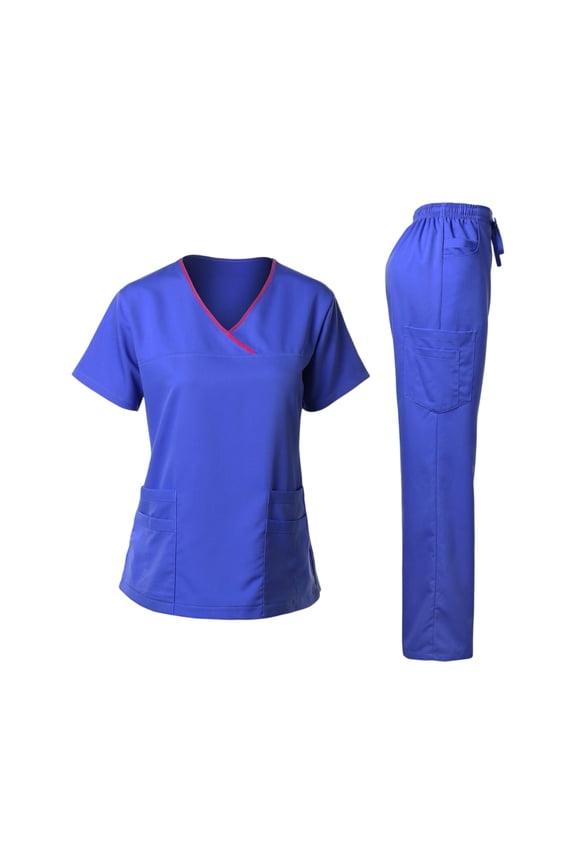 Womens Scrub Sets Spring Summer V-Neck Scrub Top & Jogger Scrub Pants Stretch Nursing Scrubs Set Quick Dry Medical Uniform with Pockets Royal Blue M
