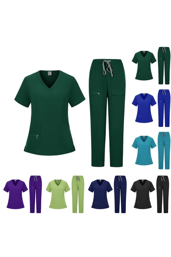 Womens Scrub Sets Stretch 2 Piece Uniforms Suit Nursing Fitted V Neck Short Sleeve Top with Cargo Jogger Style Pants, #02 Dark Green, M