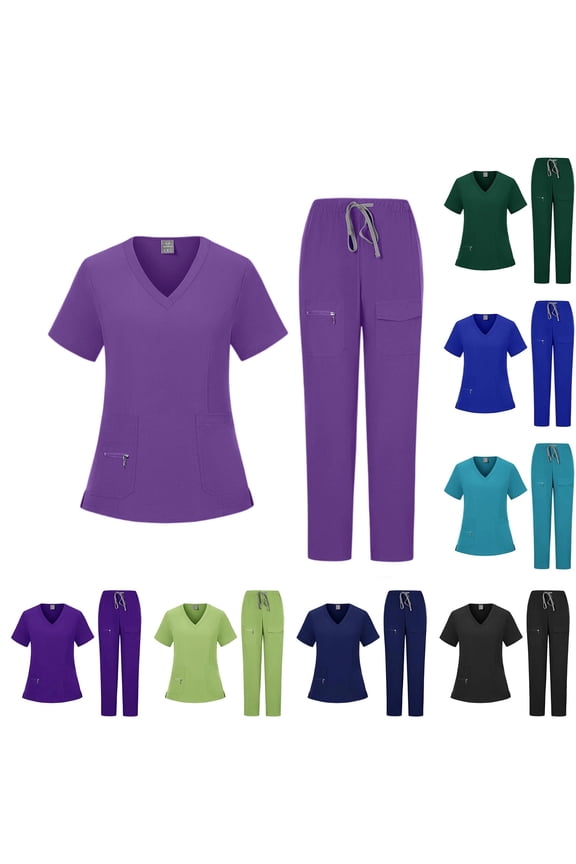 Womens Scrub Sets Stretch 2 Piece Uniforms Suit Nursing Fitted V Neck Short Sleeve Top with Cargo Jogger Style Pants, #02 Dark Purple, S