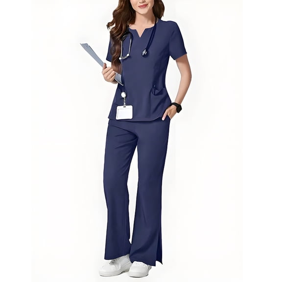 Womens Scrub Sets Stretch 2 Piece Uniforms Suit Nursing Fitted V Neck Top with Jogger Style Pants 2025 Dark Blue M