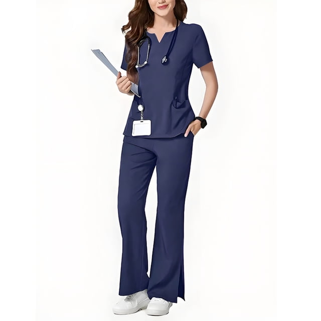 Womens Scrub Sets Stretch 2 Piece Uniforms Suit Nursing Fitted V Neck Top with Jogger Style Pants 2025 Dark Blue XL