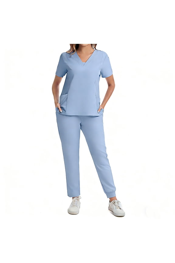 Womens Scrub Sets Stretch 2 Piece Uniforms Suit Nursing Fitted V Neck Top with Pants Light Blue L