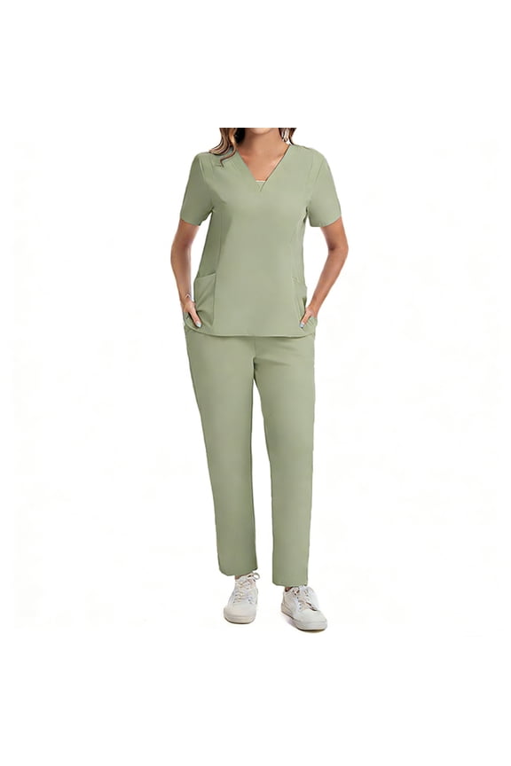 Womens Scrub Sets Stretch 2 Piece Uniforms Suit Nursing Fitted V Neck Top with Pants Mint Green L