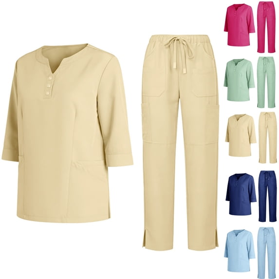 Womens Scrub Sets Stretch Jogger Yoga Petite Wide Leg Short Sleeve Drawstring Waist Women's Medical Scrub Sets Uniformes