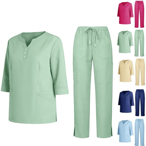Womens Scrub Sets Stretch Jogger Yoga Petite Wide Leg Short Sleeve Drawstring Waist Women's Medical Scrub Sets Uniformes