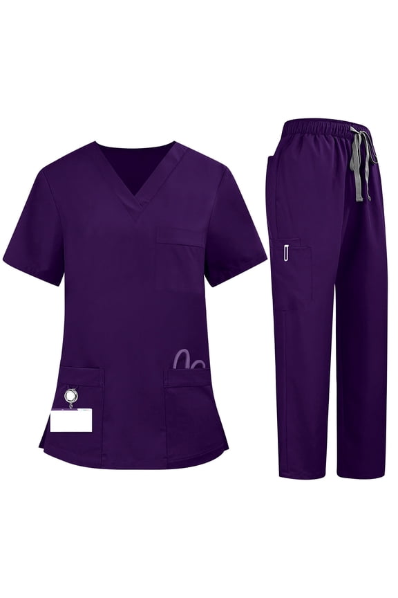Womens Scrub Sets, Women's Quick-Dry 2-Piece V-Neck Scrub Uniform Set - Short Sleeve Work Tee & Pants with Pockets, Solid Color, Comfort Fit, Four Seasons Aj Purple